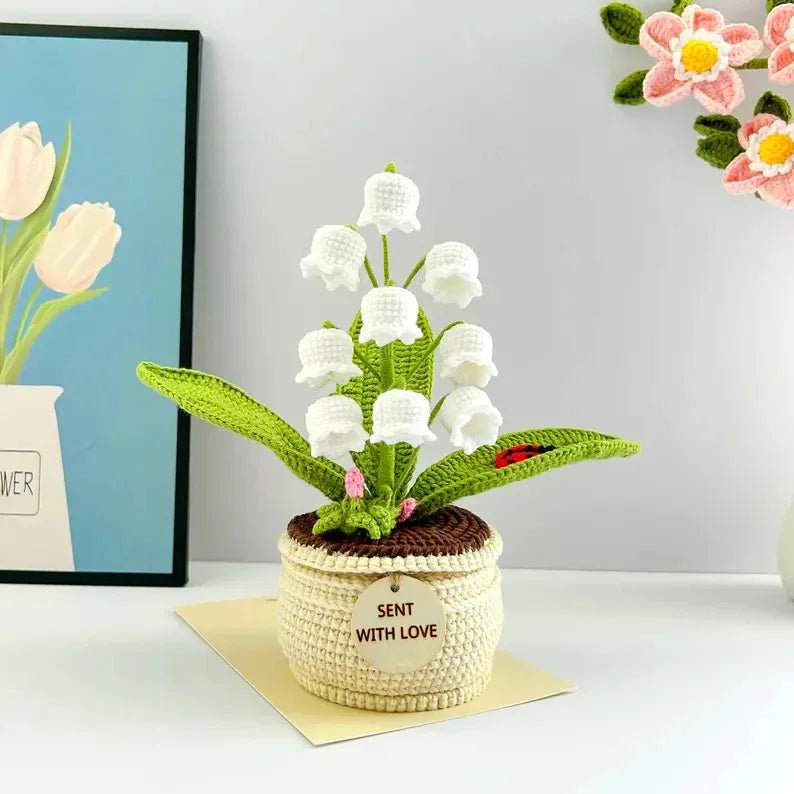 White Handmade Crochet Lily of the Valley Potted Plant - Gradient Blue Flower Decor Gift - Mekamart Australia