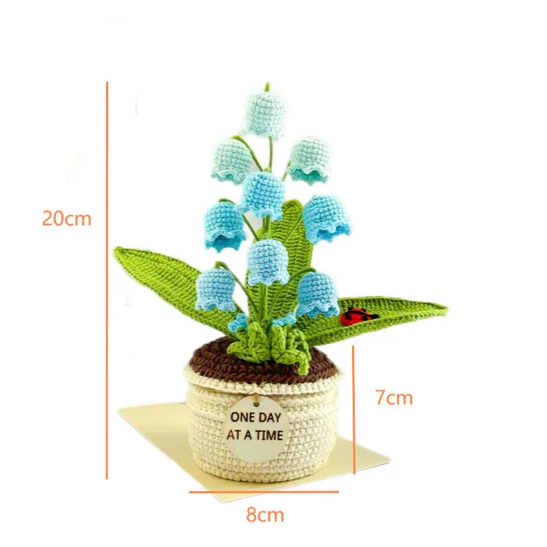 White Handmade Crochet Lily of the Valley Potted Plant - Gradient Blue Flower Decor Gift - Mekamart Australia