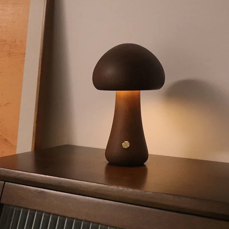 Dark Brown Solid Wood Mushroom LED Table Lamp - Rechargeable Touch Control Bedside Night Light (Large) - Mekamart Australia