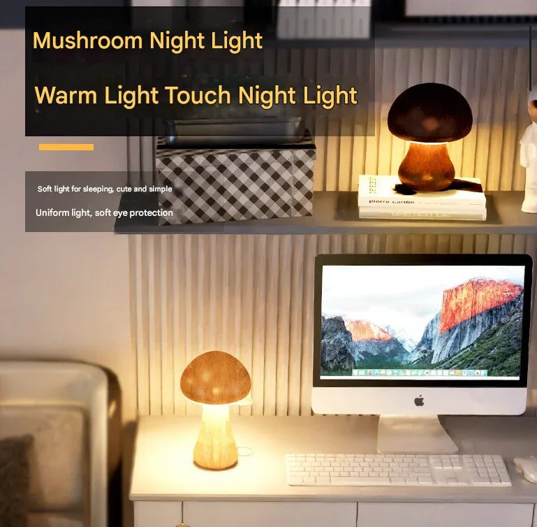 Dark Brown Solid Wood Mushroom LED Table Lamp - Rechargeable Touch Control Bedside Night Light (Large) - Mekamart Australia