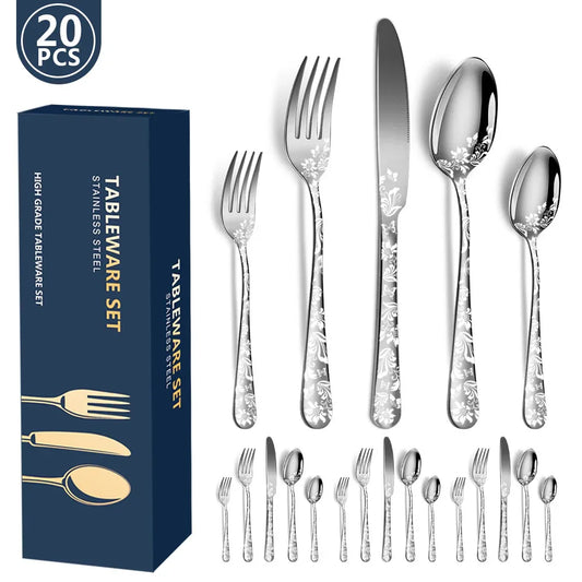 Silver Elegant 20-Piece Stainless Steel Cutlery Set with Floral Design - Dinner & Steak Knives, Forks, Spoons - Mekamart Australia