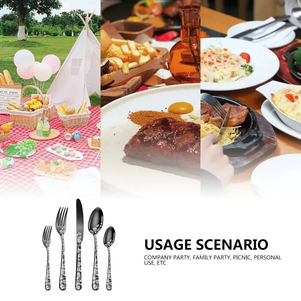 Silver Elegant 20-Piece Stainless Steel Cutlery Set with Floral Design - Dinner & Steak Knives, Forks, Spoons - Mekamart Australia
