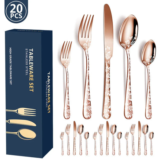 Rose Gold Elegant 20-Piece Stainless Steel Cutlery Set with Floral Design - Dinner & Steak Knives, Forks, Spoons - Mekamart Australia