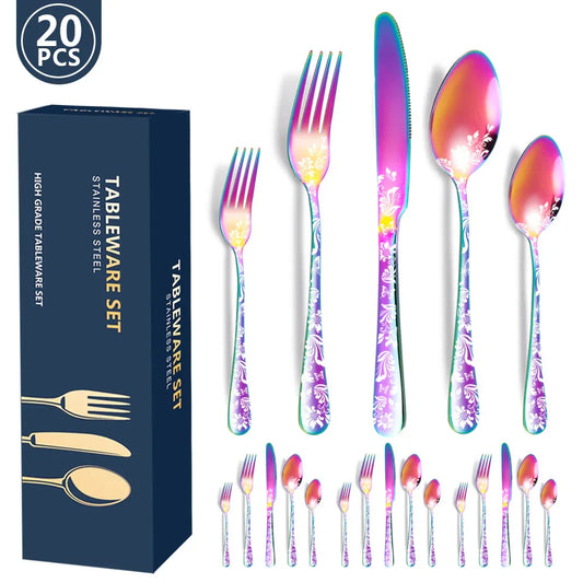 Multicolor Elegant 20-Piece Stainless Steel Cutlery Set with Floral Design - Dinner & Steak Knives, Forks, Spoons - Mekamart Australia