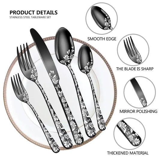 Multicolor Elegant 20-Piece Stainless Steel Cutlery Set with Floral Design - Dinner & Steak Knives, Forks, Spoons - Mekamart Australia