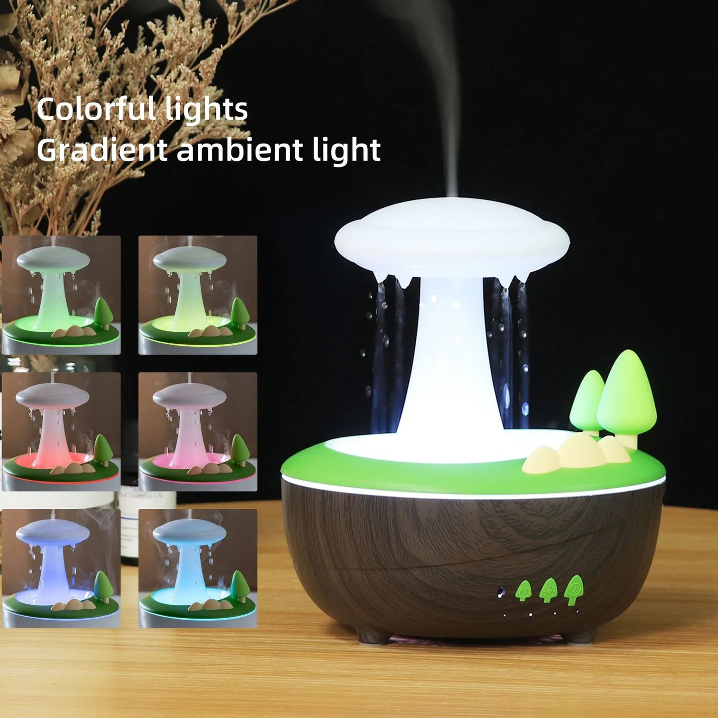 White Woodgrain Raindrop Mushroom Aroma Diffuser - 280mL Ultrasonic Humidifier with Colorful Lights - Mekamart Australia