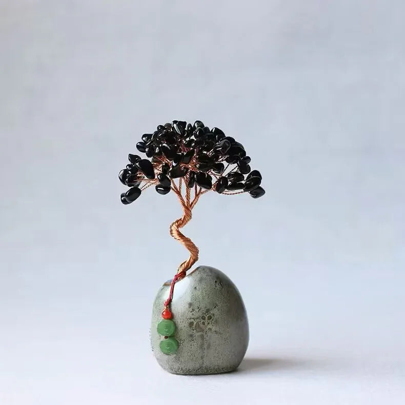 Black Obsidian Natural Crystal Wealth Tree - 12cm Feng Shui Decor, Elegant Office Desk Ornament - Mekamart Australia