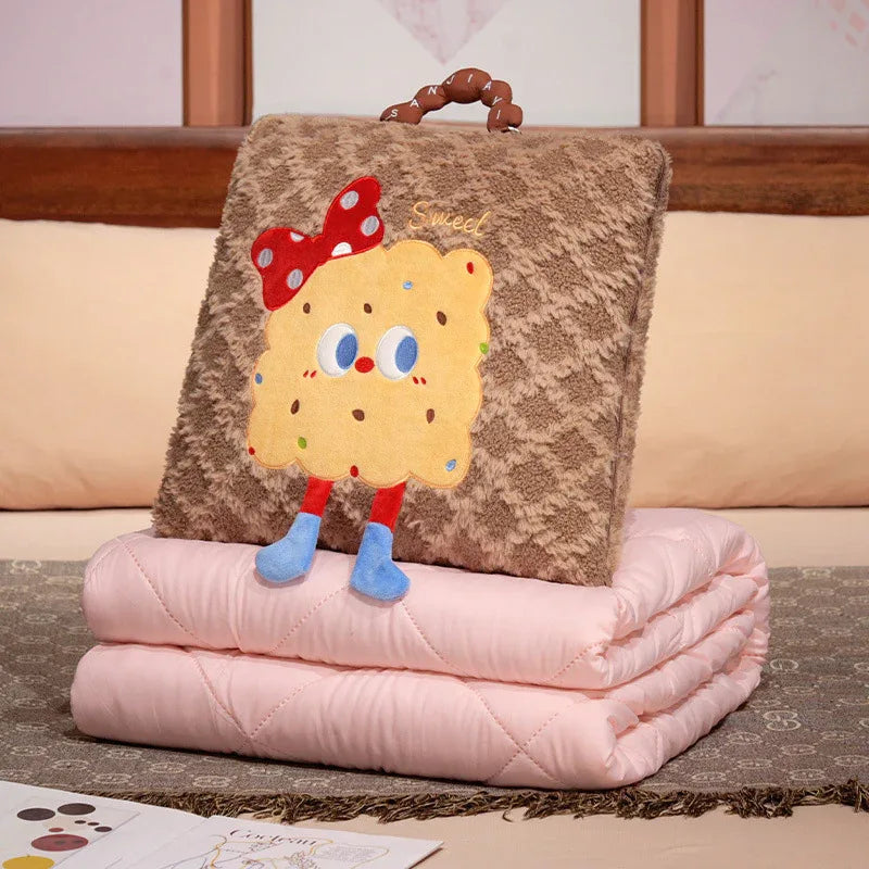 Brown Cartoon Cookie Pillow Blanket 2-in-1 for Winter Car and Office Use - Mekamart Australia