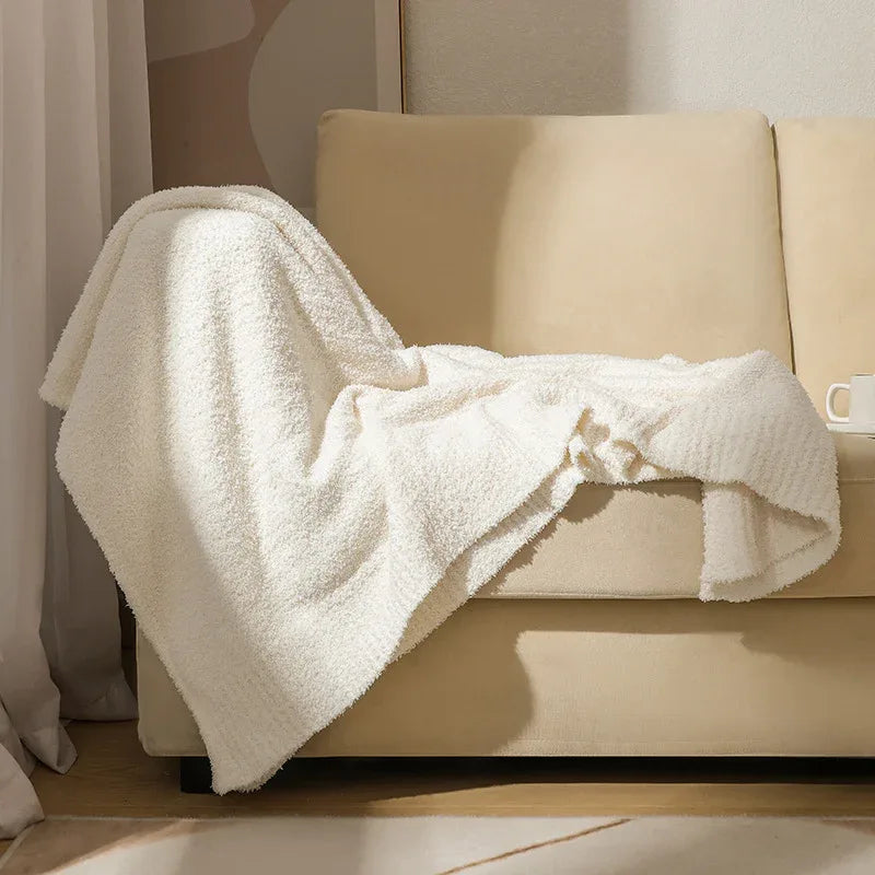 Beige Plush Solid Color Knitted Blanket for Sofa and Office - Cozy Comfort - Mekamart Australia