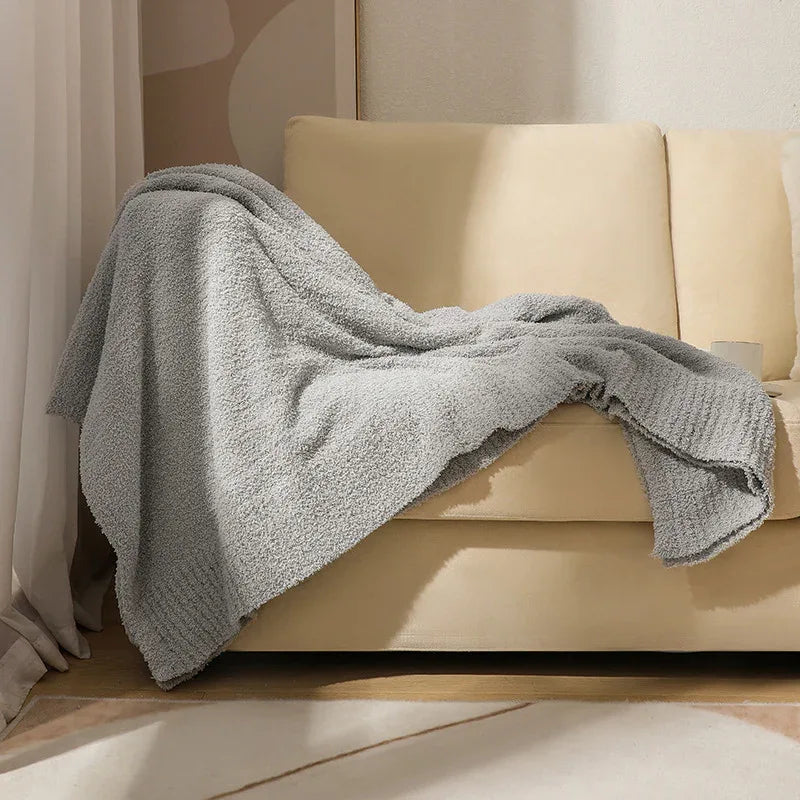 Grey Plush Solid Color Knitted Blanket for Sofa and Office - Cozy Comfort - Mekamart Australia