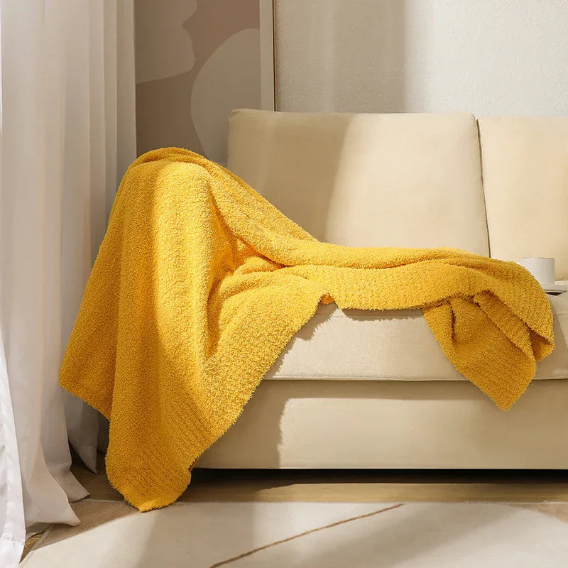 Yellow Plush Solid Color Knitted Blanket for Sofa and Office - Cozy Comfort - Mekamart Australia