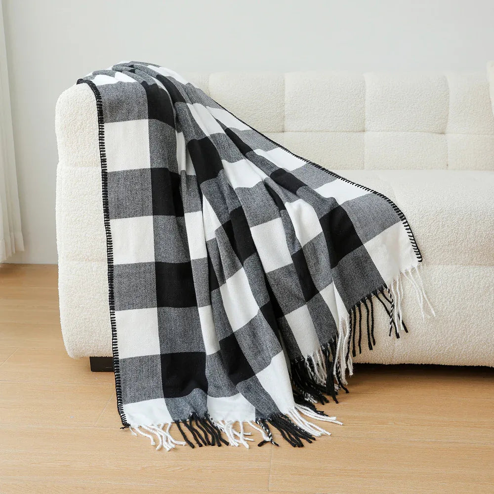 Classic Black White Checkered Faux Cashmere Blanket, 130 x 210 cm, 650g - Mekamart Australia