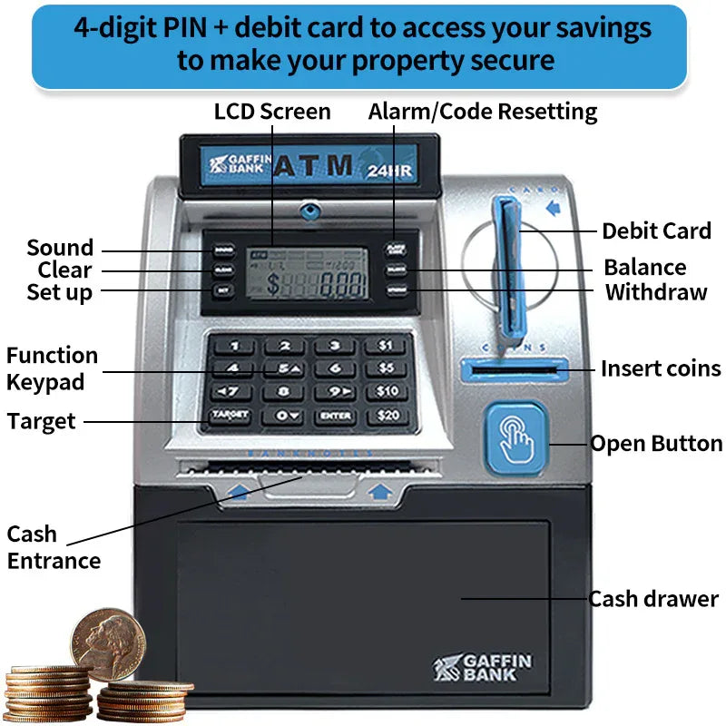 Kids ATM Savings Bank - Electronic Piggy Bank with Debit Card, PIN(black) - Mekamart Australia