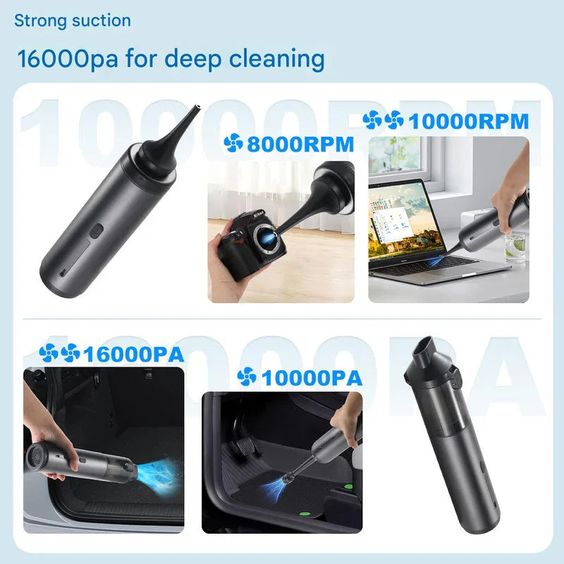 Portable Cordless Handheld Vacuum Cleaner - 16000Pa Suction, 3x2000mAh Battery, Multiple Attachments(black) - Mekamart Australia