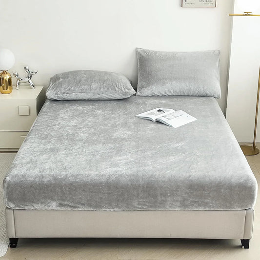 Light Gray Plush Crystal Velvet Fitted Sheet - Ultra Soft, Warm & Thick for Winter (138x190+36cm) - Mekamart Australia