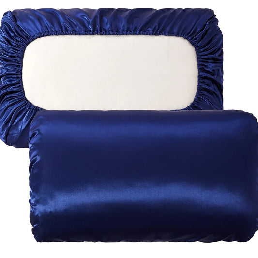 Navy blue Silky Satin Pillowcase Pair - Smooth for Hair & Skin, Elastic Fitted (46x70+16cm) - Mekamart Australia