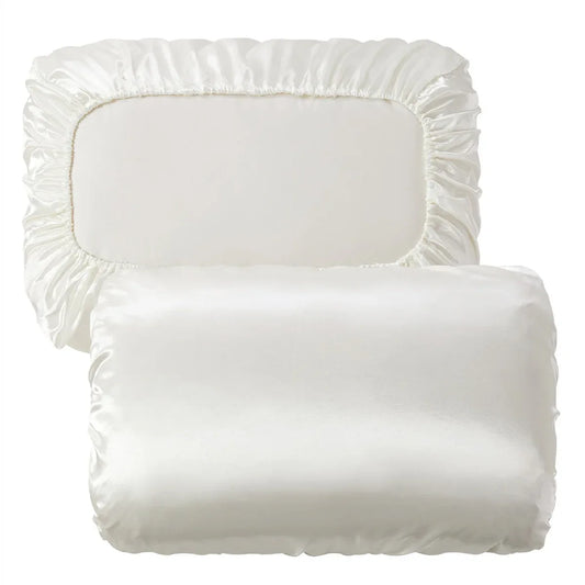 Beige Silky Satin Pillowcase Pair - Smooth for Hair & Skin, Elastic Fitted (46x90+16cm) - Mekamart Australia