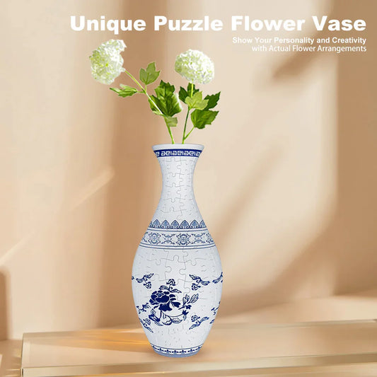 Unique 3D Puzzle Vase with Built-in Water Holder - Fun DIY Project (Blue and White) - Mekamart Australia
