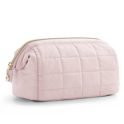 Pink Chic Quilted Puffer Makeup Bag - Large Capacity Travel Cosmetic Organizer with Wide Opening - Mekamart Australia