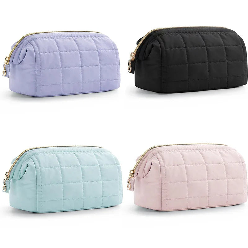 Pink Chic Quilted Puffer Makeup Bag - Large Capacity Travel Cosmetic Organizer with Wide Opening - Mekamart Australia