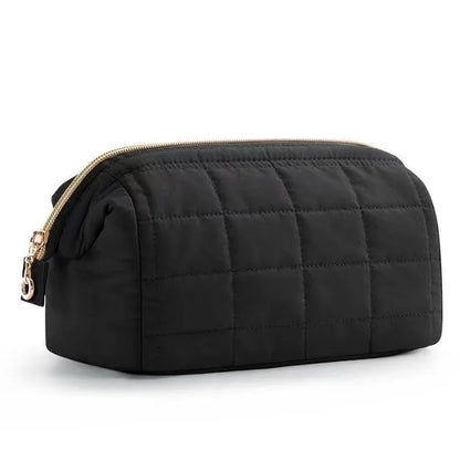 Black Chic Quilted Puffer Makeup Bag - Large Capacity Travel Cosmetic Organizer with Wide Opening - Mekamart Australia