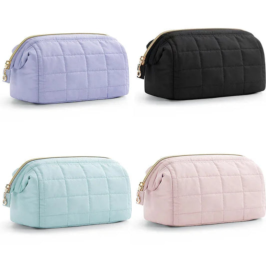 Black Chic Quilted Puffer Makeup Bag - Large Capacity Travel Cosmetic Organizer with Wide Opening - Mekamart Australia