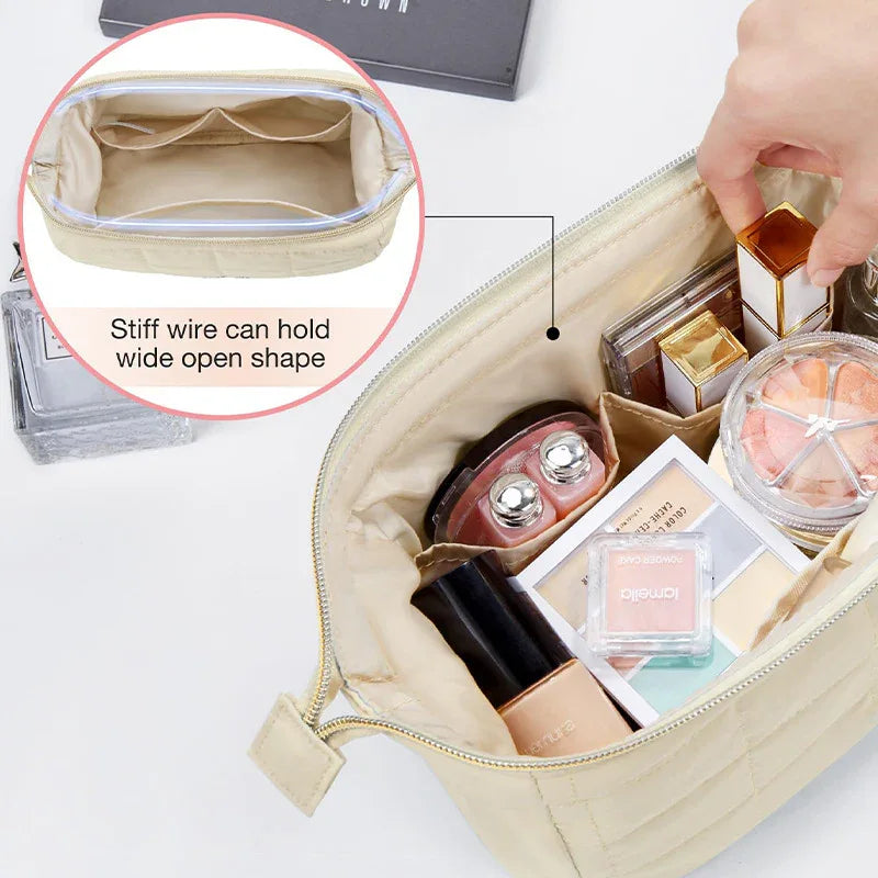 Black Chic Quilted Puffer Makeup Bag - Large Capacity Travel Cosmetic Organizer with Wide Opening - Mekamart Australia