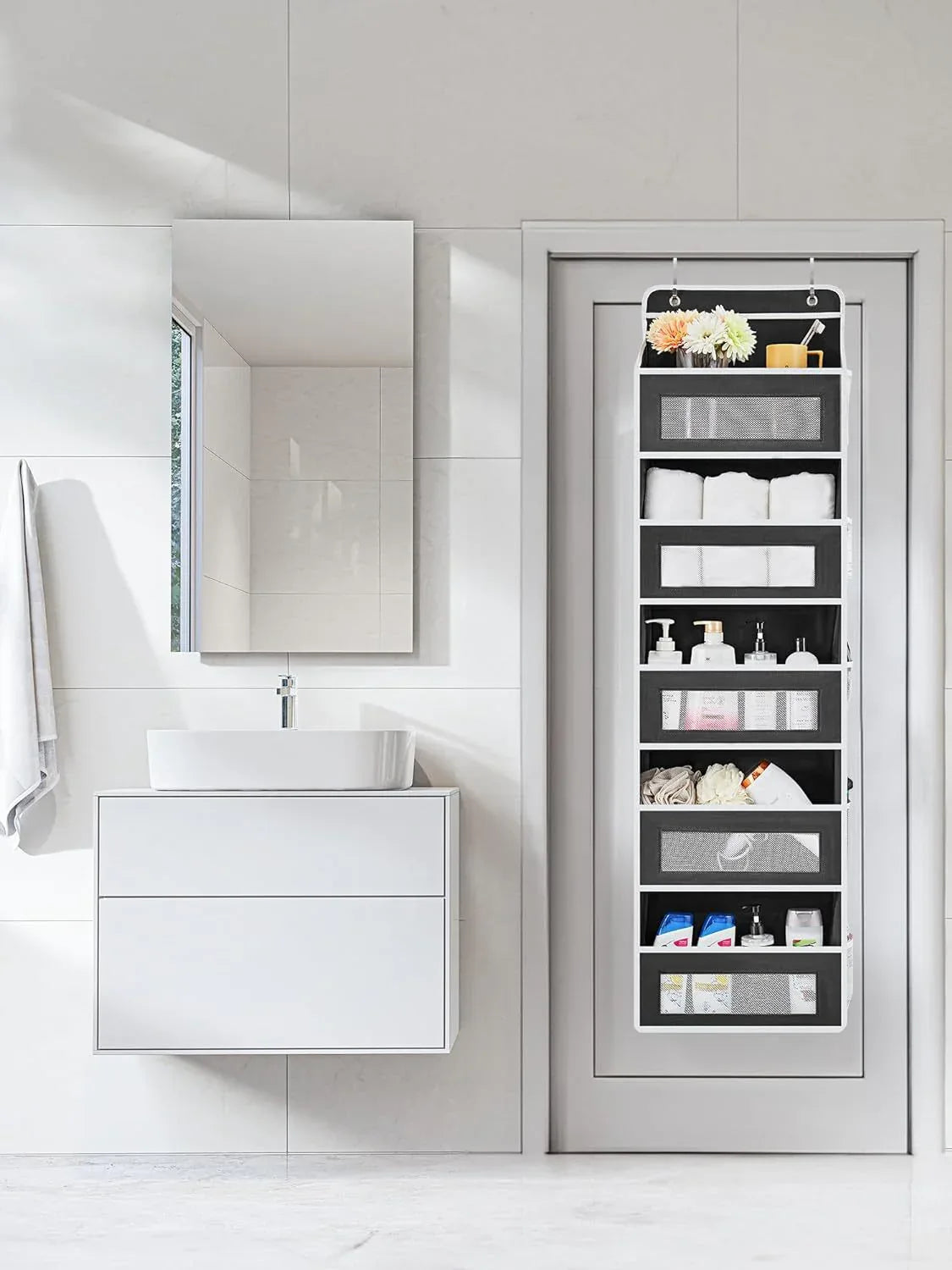 Grey Heavy Duty 5-Tier Over-The-Door Hanging Organizer - Space-Saving Storage with Clear Windows & Mesh Pockets - Mekamart Australia