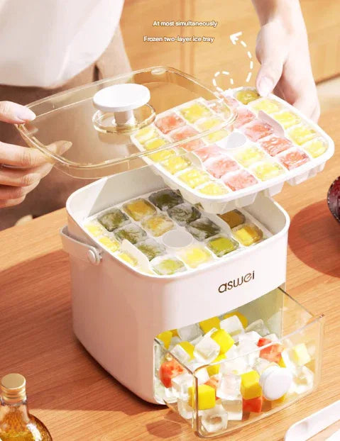 White Innovative Press-Release Ice Cube Maker - Dual Layer Trays & Storage Bin (48 Cubes) - Mekamart Australia