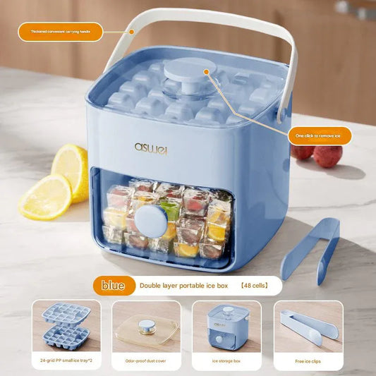 Blue Innovative Press-Release Ice Cube Maker - Dual Layer Trays & Storage Bin (48 Cubes) - Mekamart Australia