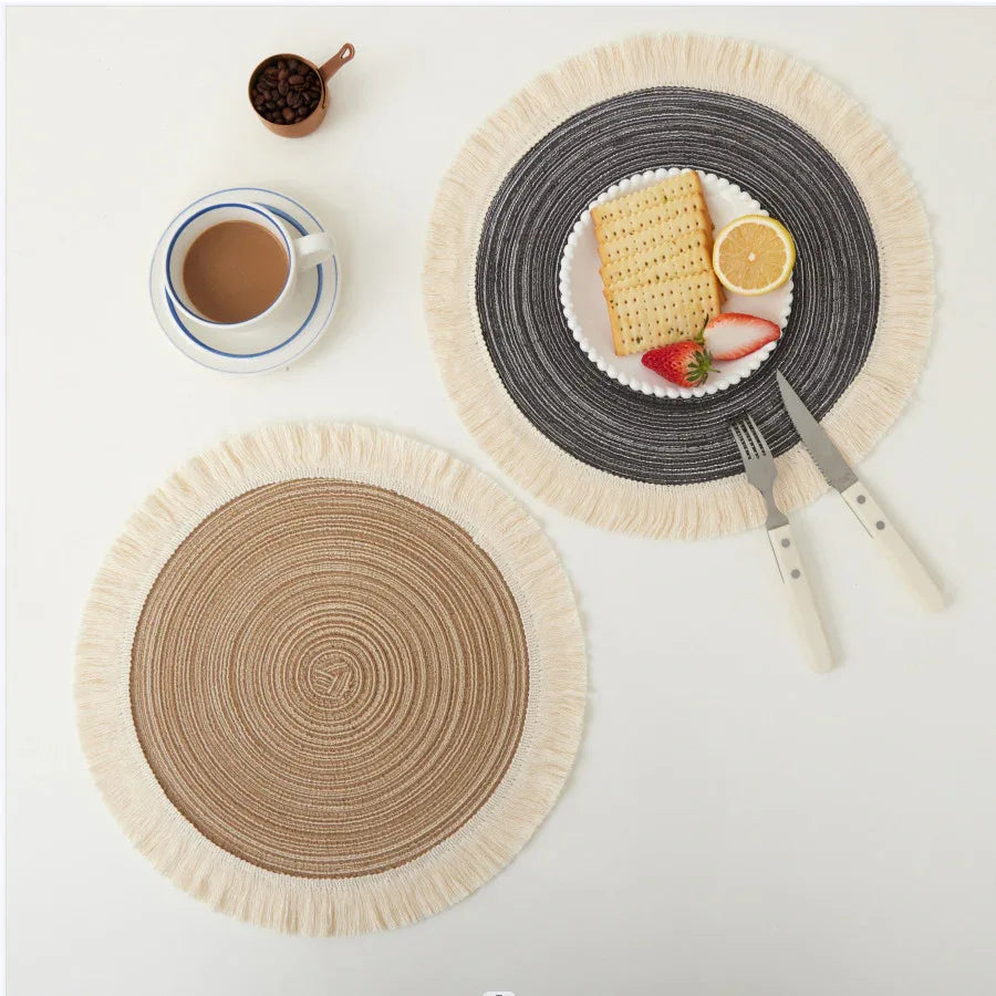 Blue Chic Round Woven Placemats with Tassel Fringe - Set of 4, Cotton Ramie Blend, Heat Resistant Table Mats - Mekamart Australia