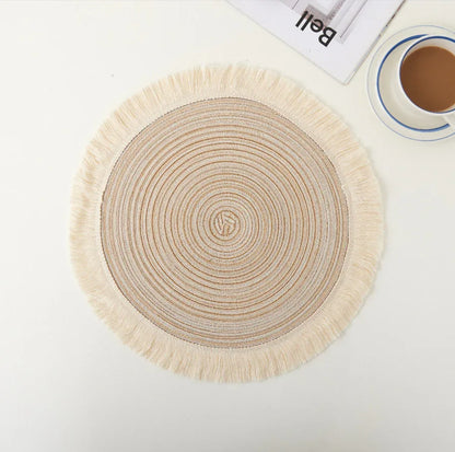 Beige Chic Round Woven Placemats with Tassel Fringe - Set of 4, Cotton Ramie Blend, Heat Resistant Table Mats - Mekamart Australia