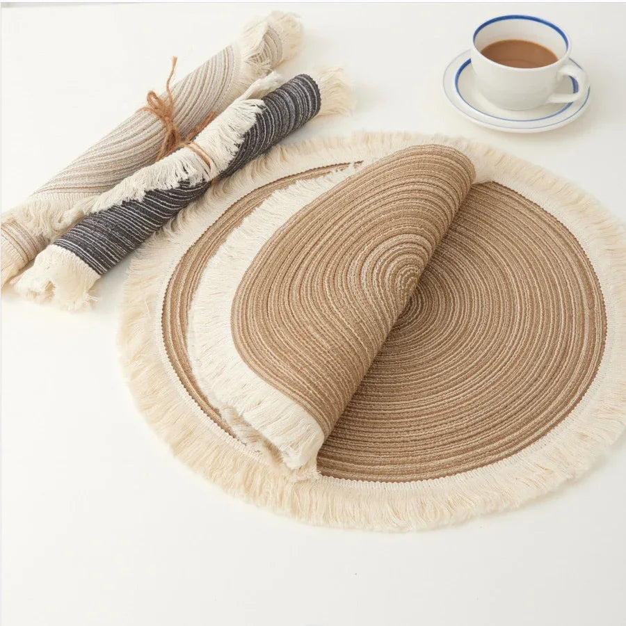Beige Chic Round Woven Placemats with Tassel Fringe - Set of 4, Cotton Ramie Blend, Heat Resistant Table Mats - Mekamart Australia