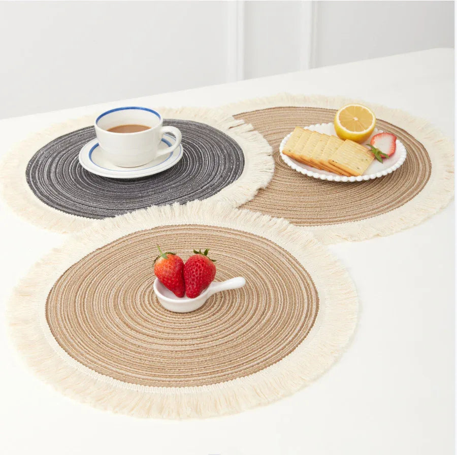 Grey Chic Round Woven Placemats with Tassel Fringe - Set of 4, Cotton Ramie Blend, Heat Resistant Table Mats - Mekamart Australia