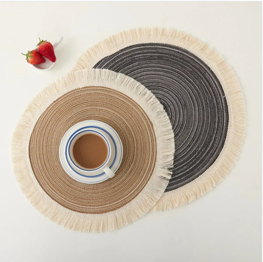 Grey Chic Round Woven Placemats with Tassel Fringe - Set of 4, Cotton Ramie Blend, Heat Resistant Table Mats - Mekamart Australia