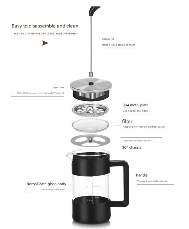Black Classic 1000ml French Press Coffee & Tea Maker - Heat Resistant Borosilicate Glass, Stainless Steel Filter - Mekamart Australia
