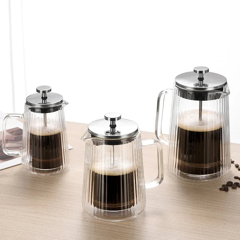 Transparent Elegant Ribbed Double Wall Glass French Press - 350ml Heat Resistant Coffee and Tea Maker with Stainless Steel Filter - Mekamart Australia