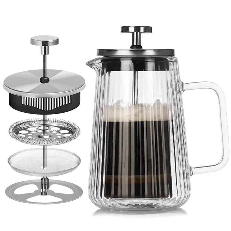 Transparent Elegant Ribbed Double Wall Glass French Press - 650ml Heat Resistant Coffee and Tea Maker with Stainless Steel Filter - Mekamart Australia