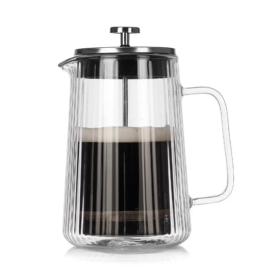 Transparent Elegant Ribbed Double Wall Glass French Press - 1000ml Heat Resistant Coffee and Tea Maker with Stainless Steel Filter - Mekamart Australia