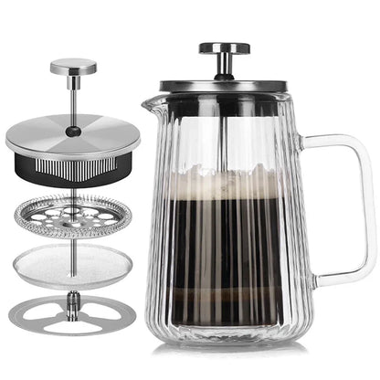 Transparent Elegant Ribbed Double Wall Glass French Press - 1000ml Heat Resistant Coffee and Tea Maker with Stainless Steel Filter - Mekamart Australia