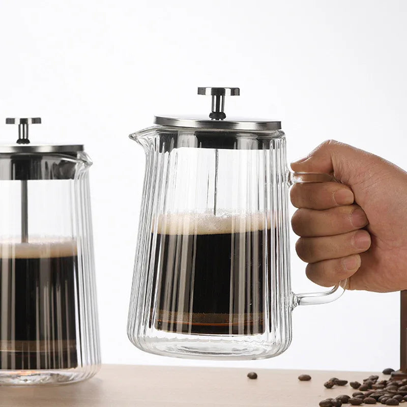 Transparent Elegant Ribbed Double Wall Glass French Press - 1000ml Heat Resistant Coffee and Tea Maker with Stainless Steel Filter - Mekamart Australia