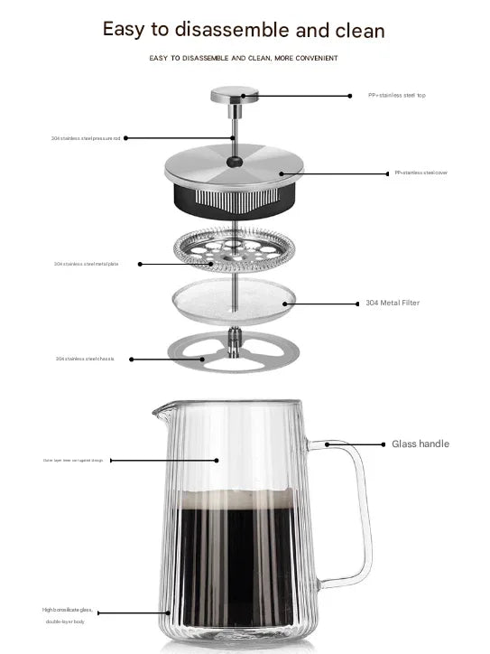 Transparent Elegant Ribbed Double Wall Glass French Press - 1000ml Heat Resistant Coffee and Tea Maker with Stainless Steel Filter - Mekamart Australia