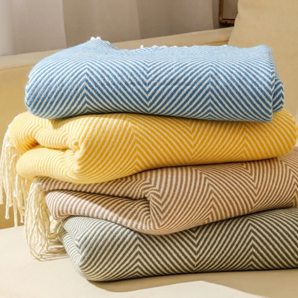 Blue Elegant Herringbone Tassel Throw Blanket - Large Acrylic Faux Cashmere Soft Cozy Blanket for Sofa, Bed & Decor (130x240cm) - Mekamart Australia