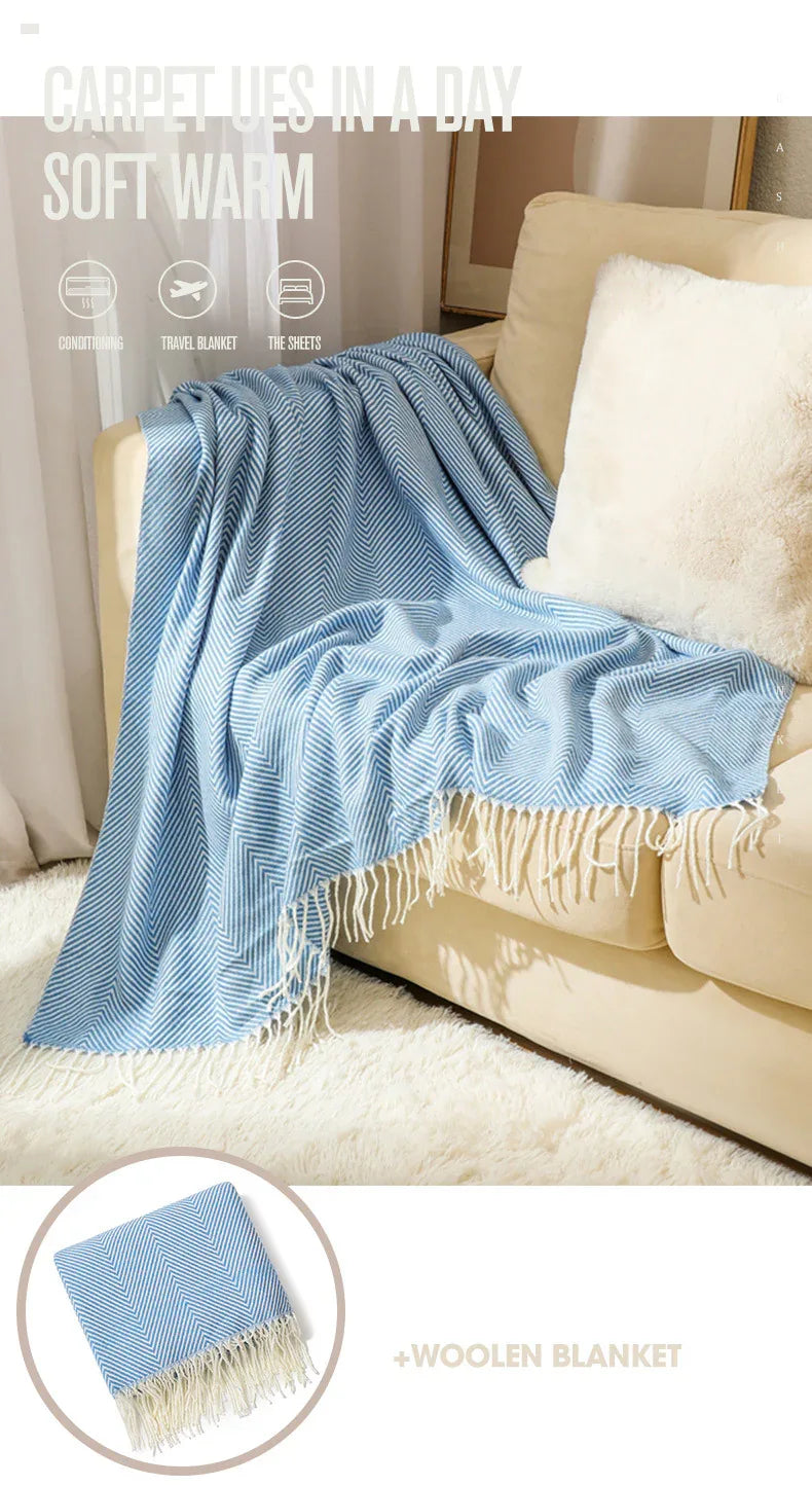 Blue Elegant Herringbone Tassel Throw Blanket - Large Acrylic Faux Cashmere Soft Cozy Blanket for Sofa, Bed & Decor (130x240cm) - Mekamart Australia