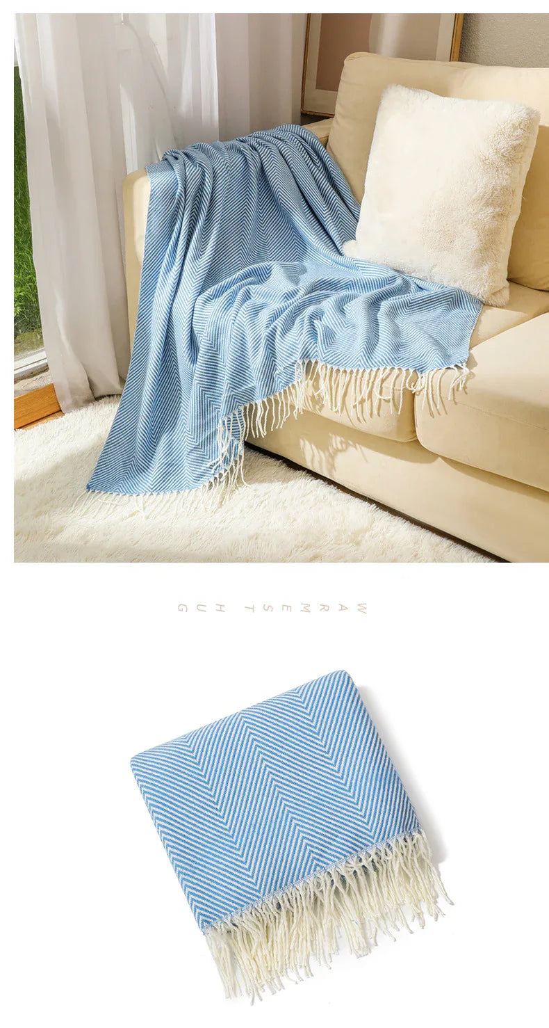 Blue Elegant Herringbone Tassel Throw Blanket - Large Acrylic Faux Cashmere Soft Cozy Blanket for Sofa, Bed & Decor (130x240cm) - Mekamart Australia
