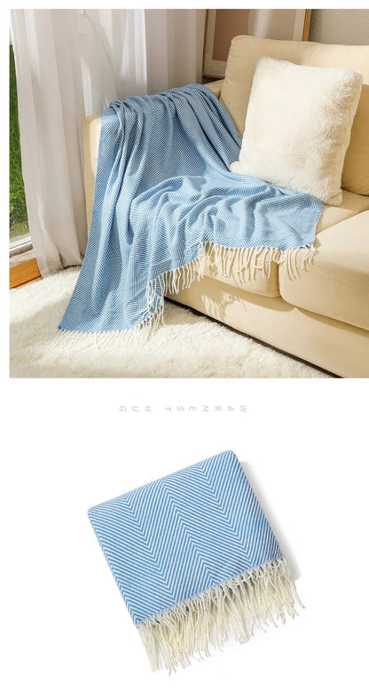 Blue Elegant Herringbone Tassel Throw Blanket - Large Acrylic Faux Cashmere Soft Cozy Blanket for Sofa, Bed & Decor (130x240cm) - Mekamart Australia