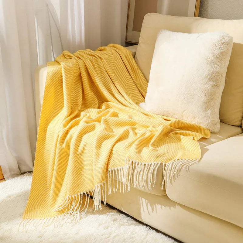 Yellow Elegant Herringbone Tassel Throw Blanket - Large Acrylic Faux Cashmere Soft Cozy Blanket for Sofa, Bed & Decor (130x240cm) - Mekamart Australia