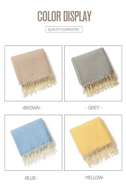Yellow Elegant Herringbone Tassel Throw Blanket - Large Acrylic Faux Cashmere Soft Cozy Blanket for Sofa, Bed & Decor (130x240cm) - Mekamart Australia