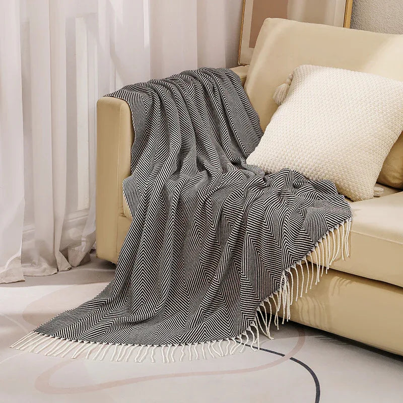 Black Elegant Herringbone Tassel Throw Blanket - Large Acrylic Faux Cashmere Soft Cozy Blanket for Sofa, Bed & Decor (130x240cm) - Mekamart Australia