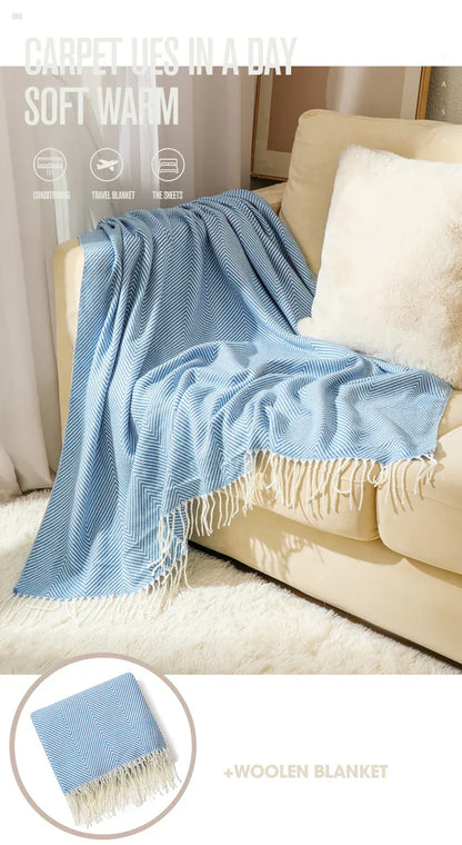 Black Elegant Herringbone Tassel Throw Blanket - Large Acrylic Faux Cashmere Soft Cozy Blanket for Sofa, Bed & Decor (130x240cm) - Mekamart Australia
